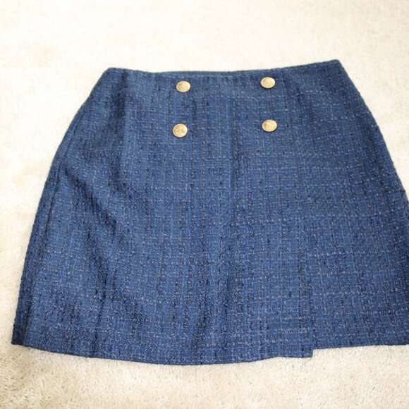 LOFT Blue Tweed Skirt with Gold Buttons - Picture 1 of 4
